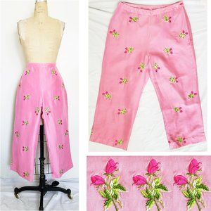 Vision Apparel Womens Silk Pink Capri Pants with Embroidered Roses Floral Pinup